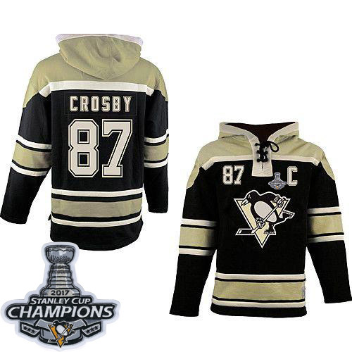 Penguins #87 Sidney Crosby Black Sawyer Hooded Sweatshirt Stanley Cup Finals Champions Stitched NHL Jersey - Click Image to Close